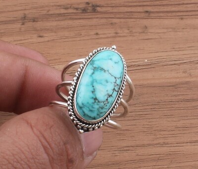 Three Layer Tibetan Turquoise Oval Gemstone Solid 925 Sterling Silver Ring For Women - Handmade Silver Ring For Women Wedding Gifts Idea