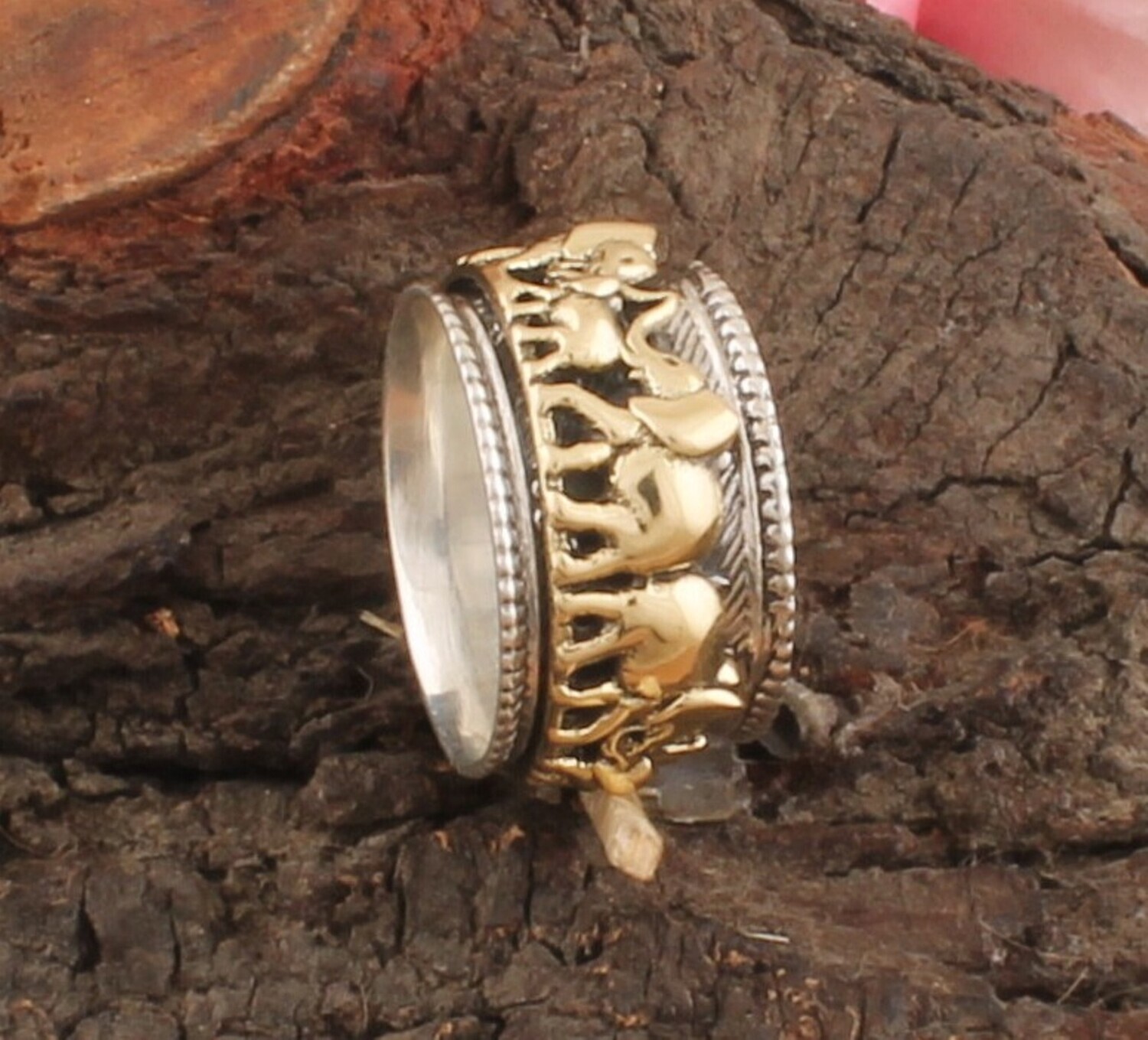 925 Sterling Silver &amp; Brass Ring - Elephant Family Silver Spinner Ring - Antique Silver Engraved Designer Spinner Ring - Thumb Ring - Gifts Idea