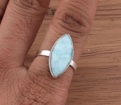 Natural Larimar Ring - Solid 925 Sterling Silver Ring - Simple Ring - Engagement Marquis Shape Ring - Handmade Ring For Weddings Gifts Idea