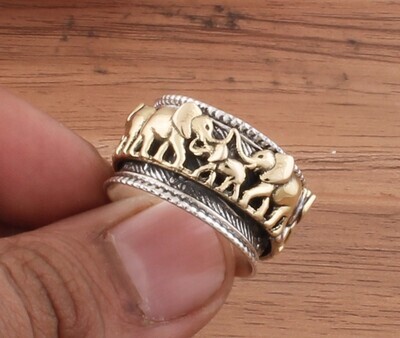 925 Sterling Silver &amp; Brass Ring - Elephant Family Silver Spinner Ring - Antique Silver Engraved Designer Spinner Ring - Thumb Ring - Gifts Idea