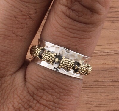 Turtles 925 Sterling Silver &amp; Brass Ring - Turtles Silver Spinner Ring - Designer Hammered Spinner Ring - thumb Ring - Wedding Gifts Jewelry
