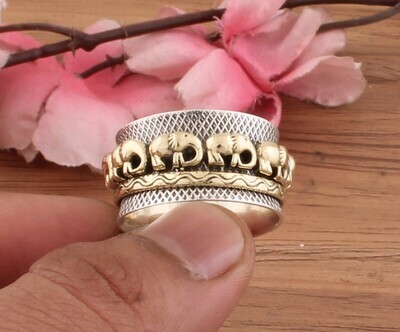 925 Sterling Silver &amp; Brass Ring - Elephant Family Silver Spinner Ring - Antique Silver Textured Designer Spinner Ring - Thumb Ring - Gifts Idea
