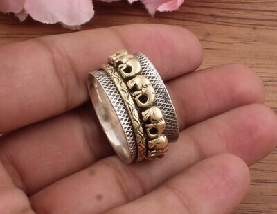 925 Sterling Silver &amp; Brass Ring - Elephant Family Silver Spinner Ring - Antique Silver Textured Designer Spinner Ring - Thumb Ring - Gifts Idea