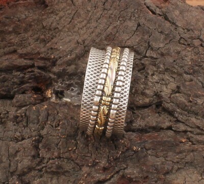 Two Tone 925 Sterling Silver &amp; Brass Ring - Family Silver Spinner Band Ring - Antique Silver Textured Designer Spinner Ring - Thumb Ring - Gifts Idea