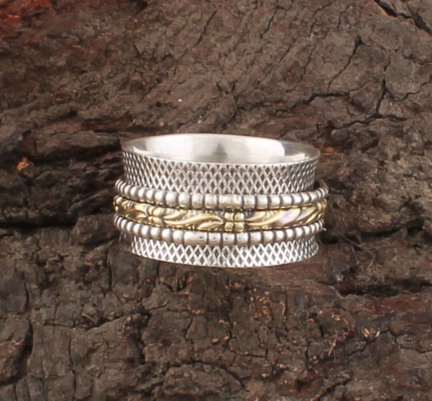 Two Tone 925 Sterling Silver &amp; Brass Ring - Family Silver Spinner Band Ring - Antique Silver Textured Designer Spinner Ring - Thumb Ring - Gifts Idea