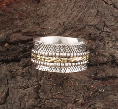 Two Tone 925 Sterling Silver &amp; Brass Ring - Family Silver Spinner Band Ring - Antique Silver Textured Designer Spinner Ring - Thumb Ring - Gifts Idea