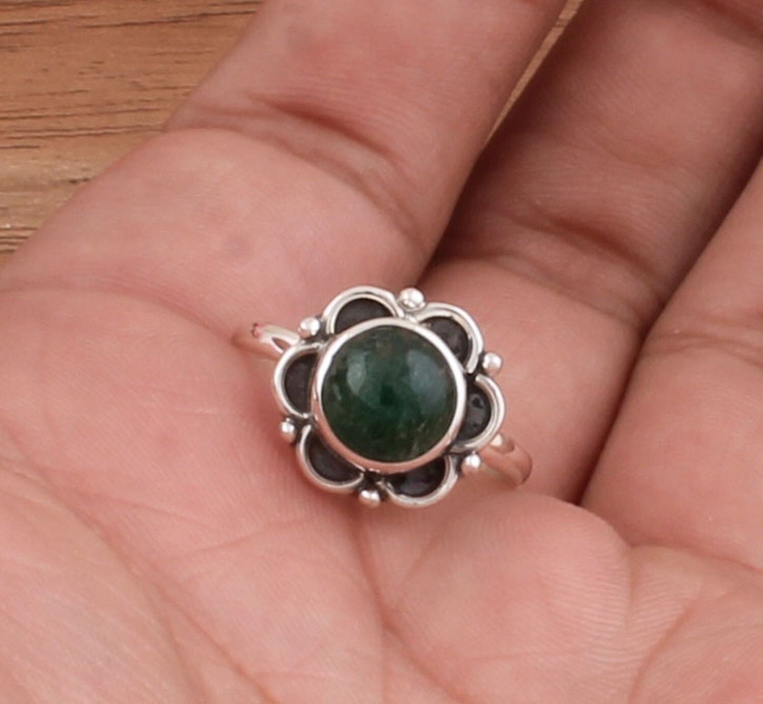 Flower Green Jade Ring - Solid 925 Sterling Silver Ring - Simple Ring - Engagement Round Shape Ring - Handmade Ring For Weddings Gifts Idea