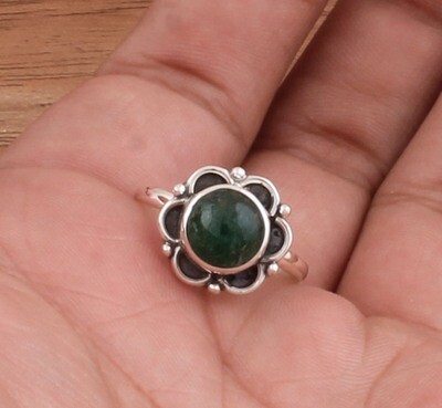 Flower Green Jade Ring - Solid 925 Sterling Silver Ring - Simple Ring - Engagement Round Shape Ring - Handmade Ring For Weddings Gifts Idea