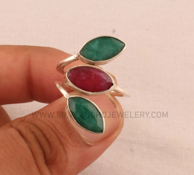 Natural Red Jade &amp; Green Jade Marquise Gemstone Silver Ring - 925 Sterling Solid Silver Ring - Designer Handmade Three Stone Ring Gift Idea