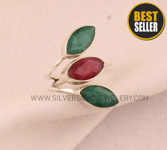 Natural Red Jade &amp; Green Jade Marquise Gemstone Silver Ring - 925 Sterling Solid Silver Ring - Designer Handmade Three Stone Ring Gift Idea
