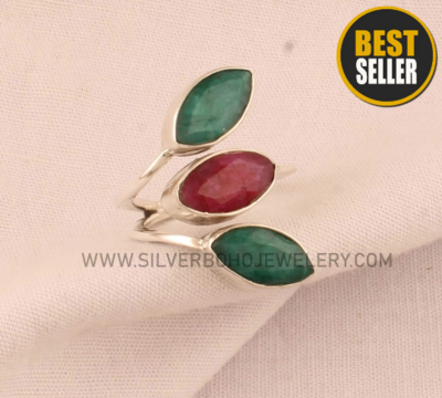 Natural Red Jade &amp; Green Jade Marquise Gemstone Silver Ring - 925 Sterling Solid Silver Ring - Designer Handmade Three Stone Ring Gift Idea