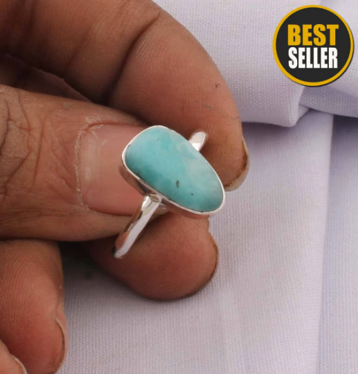 Natural Amazing Larimar AAA+Quality Gemstone Ring Cabochon Stone Boho Ring,925-Antique Silver Ring,Engagement Ring,Middle Finger Ring