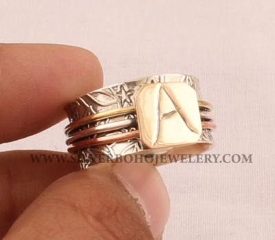 A Letter Three Tone Spinner Ring / 925 Sterling Silver &amp; Brass Spin Ring / Handmade Designer Carved Band Spinner Ring