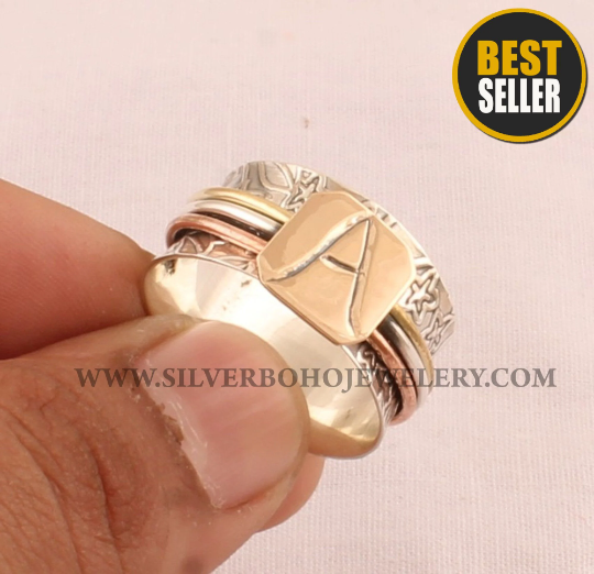A Letter Three Tone Spinner Ring / 925 Sterling Silver &amp; Brass Spin Ring / Handmade Designer Carved Band Spinner Ring
