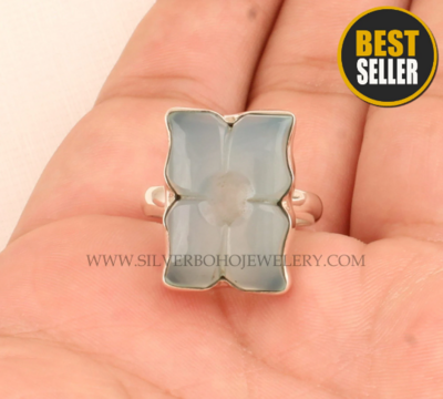 Aqua Chalcedony Gemstone Solid 925 Sterling Silver Ring For Women -Designer Hand Carved Stone Ring For Wedding Anniversary Gift For Women