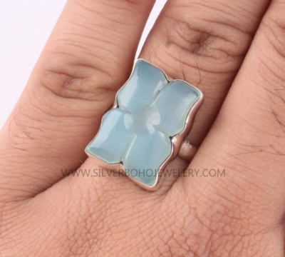 Aqua Chalcedony Gemstone Solid 925 Sterling Silver Ring For Women -Designer Hand Carved Stone Ring For Wedding Anniversary Gift For Women