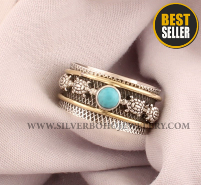 Turquoise Turtle Textured Spinner Ring / 925 Sterling Silver &amp; Brass Jewelry / Handmade Two Tone Gemstone Spin Ring