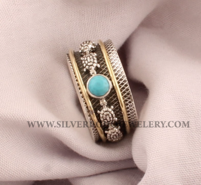 Turquoise Turtle Textured Spinner Ring / 925 Sterling Silver & Brass Jewelry / Handmade Two Tone Gemstone Spin Ring