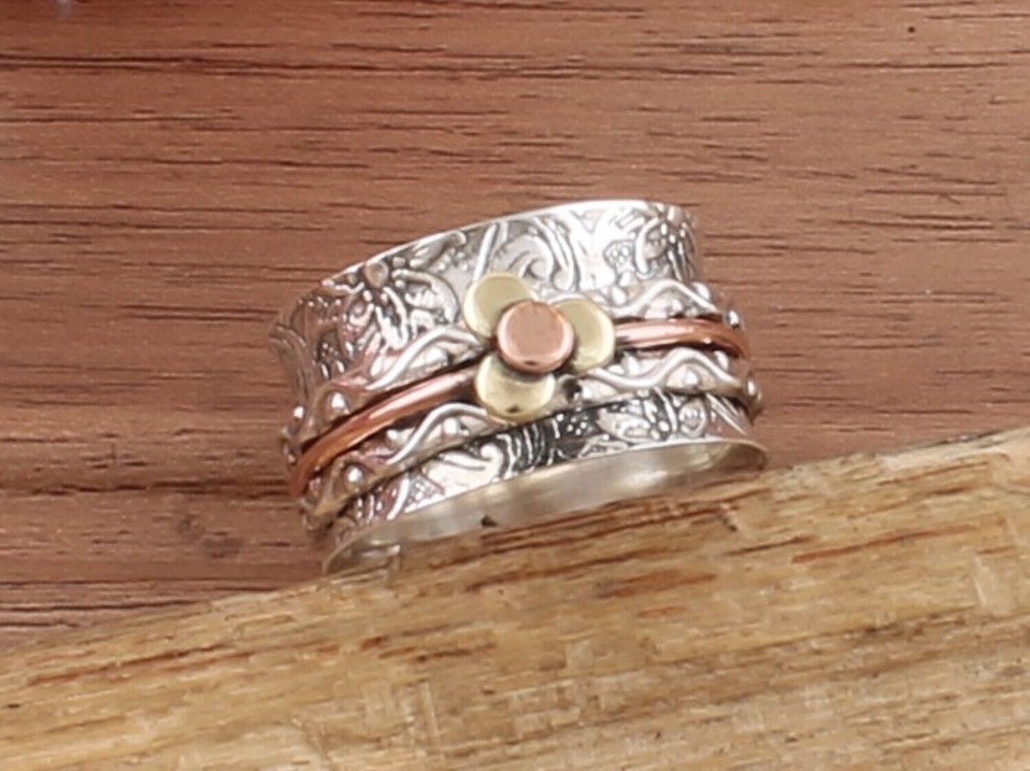 Designer Hand Carved Band Three Tone Spinner Ring | 925 Sterling Silver &amp; Brass Floral Worry Ring | Present For Her | Thumb Ring | Gift Idea