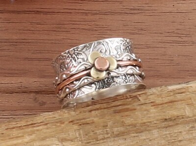 Designer Hand Carved Band Three Tone Spinner Ring | 925 Sterling Silver &amp; Brass Floral Worry Ring | Present For Her | Thumb Ring | Gift Idea