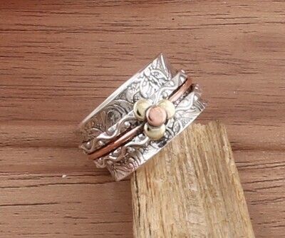 Designer Hand Carved Band Three Tone Spinner Ring | 925 Sterling Silver & Brass Floral Worry Ring | Present For Her | Thumb Ring | Gift Idea