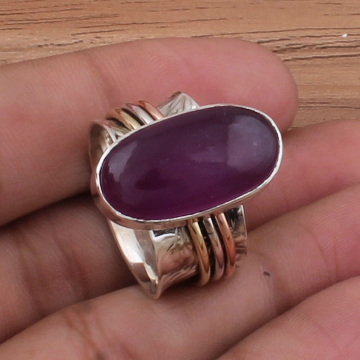 Three Tone 925 Sterling Silver &amp; Brass Purple Jade Spinner Ring - Hand Carved Oval Shape Gemstone Spinner Ring - Handmade Jewelry - Women Jewelry - Gift For Her