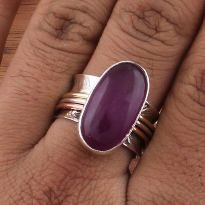 Three Tone 925 Sterling Silver &amp; Brass Purple Jade Spinner Ring - Hand Carved Oval Shape Gemstone Spinner Ring - Handmade Jewelry - Women Jewelry - Gift For Her