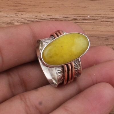 Tow Tone 925 Sterling Silver Yellow Jade Spinner Ring - Hand Carved Oval Shape Gemstone Spinner Ring - Handmade Jewelry - Women Jewelry - Weddings Gifts Idea