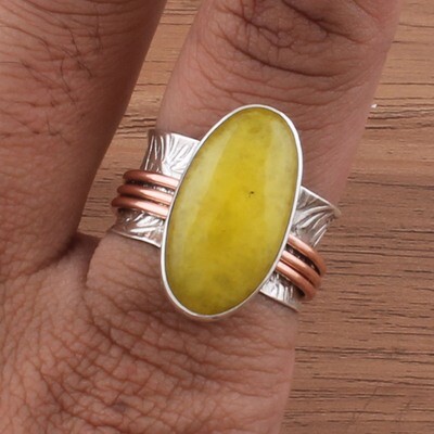 Tow Tone 925 Sterling Silver Yellow Jade Spinner Ring - Hand Carved Oval Shape Gemstone Spinner Ring - Handmade Jewelry - Women Jewelry - Weddings Gifts Idea