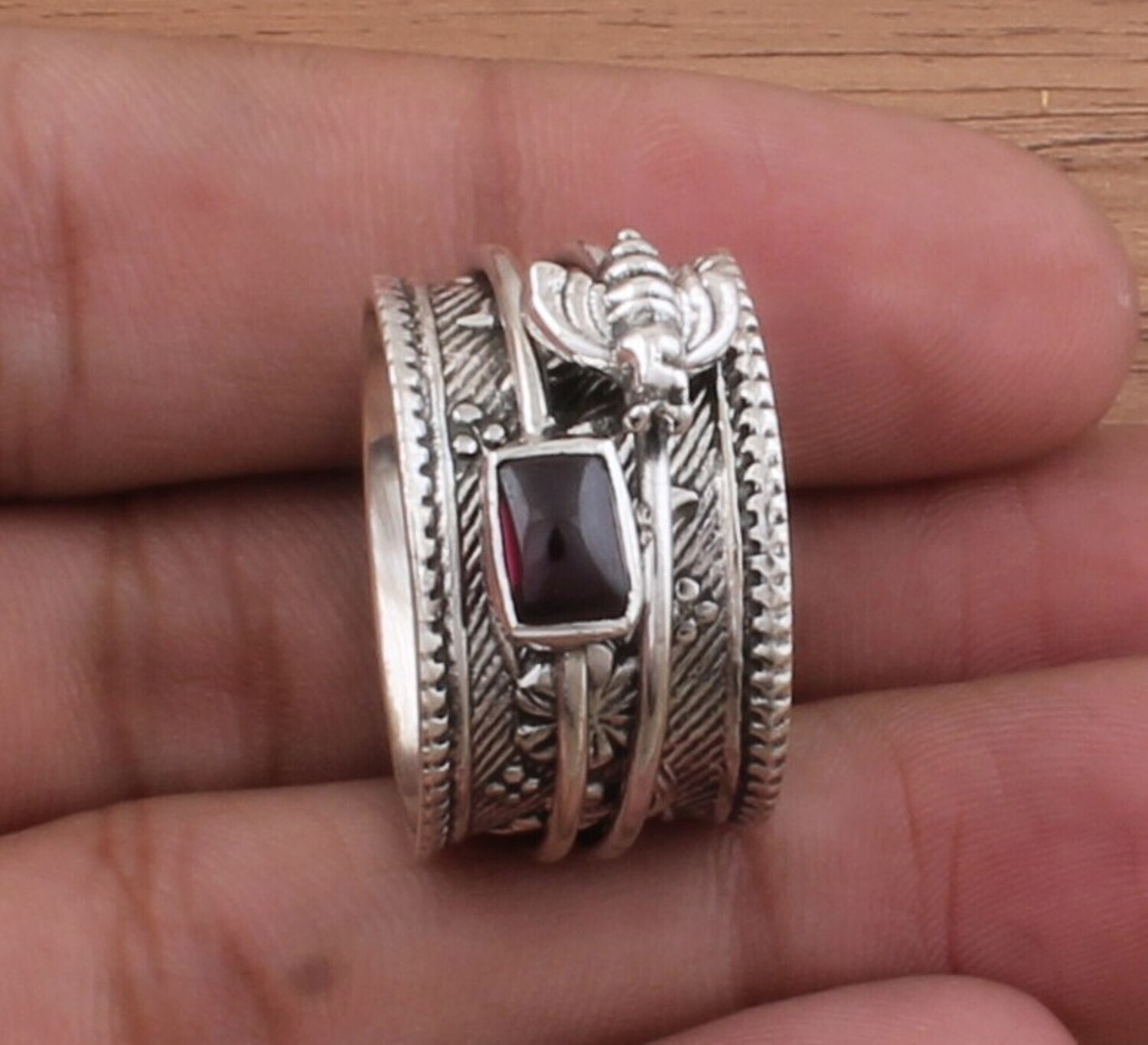 Natural Red Garnet Solid 925 Sterling Silver Rectangle Spinner Ring For Women - Designer Handmade Honey Bee Garnet Solid Silver Anxiety Ring - Weddings Gifts Idea