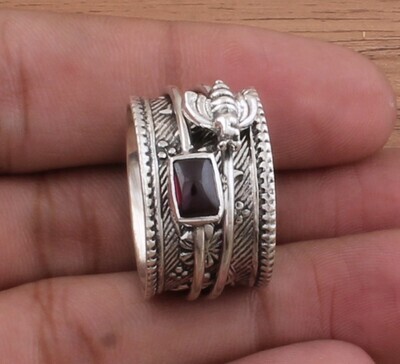 Natural Red Garnet Solid 925 Sterling Silver Rectangle Spinner Ring For Women - Designer Handmade Honey Bee Garnet Solid Silver Anxiety Ring - Weddings Gifts Idea