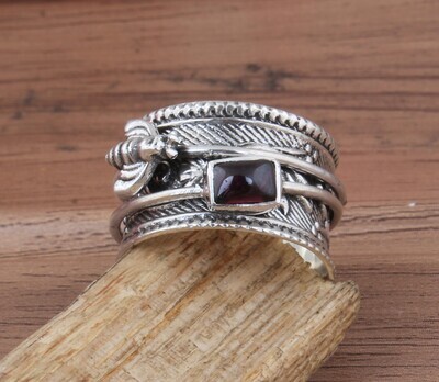 Natural Red Garnet Solid 925 Sterling Silver Rectangle Spinner Ring For Women - Designer Handmade Honey Bee Garnet Solid Silver Anxiety Ring - Weddings Gifts Idea