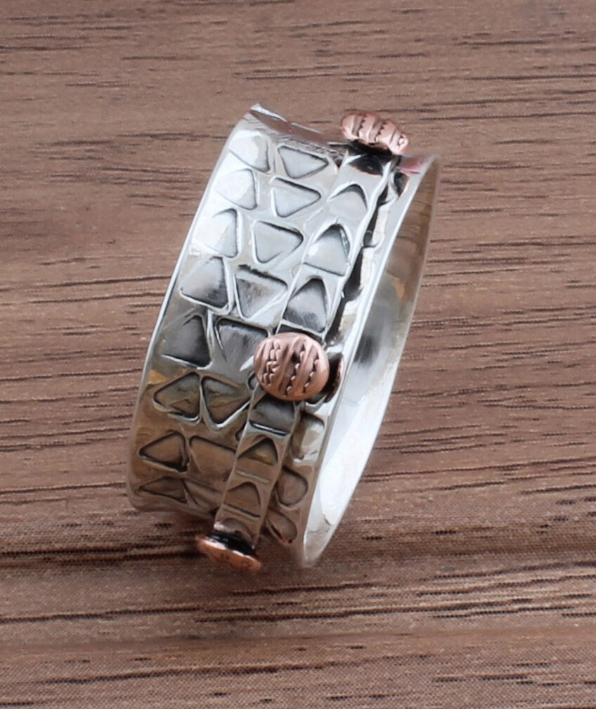 Two Tone 925 Sterling Silver Ring - Family Silver Spinner Band Ring - Antique Silver Textured Designer Spinner Ring - Thumb Ring - Gifts For Her