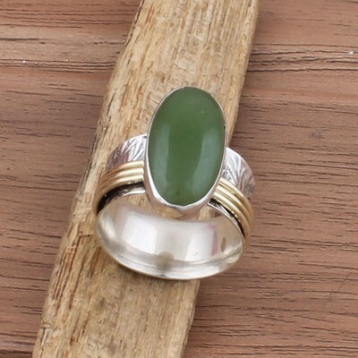 Tow Tone 925 Sterling Silver & Brass Green Jade Spinner Ring - Hand Carved Oval Shape Gemstone Spinner Ring - Handmade Jewelry - Women Jewelry - Weddings Gifts For Her