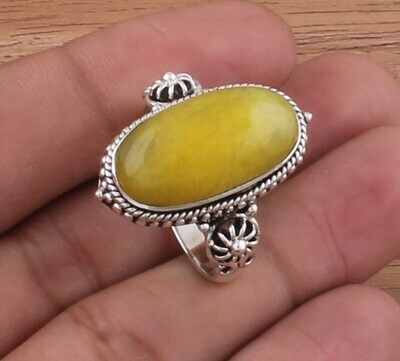 925 Sterling Silver Yellow Jade Oval Shape Gemstone Ring / Designer Rope Ring / Engagement Ring / Weddings Gifts For Her