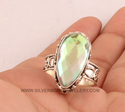 Faceted Rainbow Quartz Ring - Solid 925 Sterling Silver Carved Ring - Boho Silver Engraved Band Ring - Handmade Pear Ring - Gift For Friend