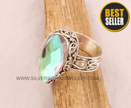 Faceted Rainbow Quartz Ring - Solid 925 Sterling Silver Carved Ring - Boho Silver Engraved Band Ring - Handmade Pear Ring - Gift For Friend