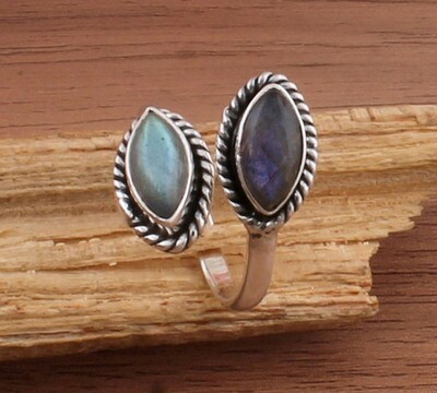 Natural Labradorite Adjustable Silver Ring | 925 Sterling Silver Marquise Ring - Handmade Two Gemstone Ring - February Birthstone Gift Women Jewelry
