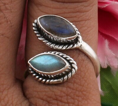 Natural Labradorite Adjustable Silver Ring | 925 Sterling Silver Marquise Ring - Handmade Two Gemstone Ring - February Birthstone Gift Women Jewelry