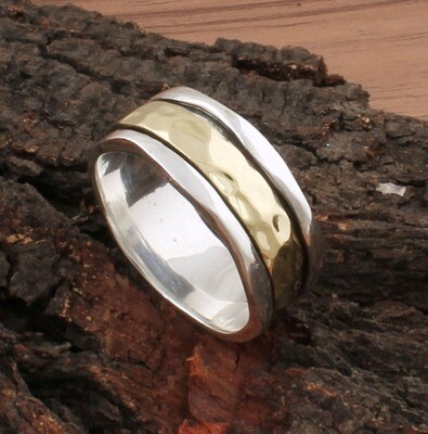 Antique Silver Hammered Designer Spinner Ring / Two Tone 925 Sterling Silver &amp; Brass Ring / Family Silver Spinner Band Ring / Thumb Ring / Gifts For Her