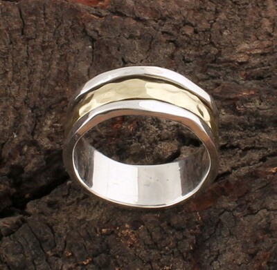 Antique Silver Hammered Designer Spinner Ring / Two Tone 925 Sterling Silver &amp; Brass Ring / Family Silver Spinner Band Ring / Thumb Ring / Gifts For Her