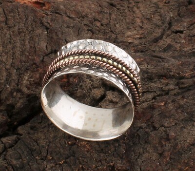 Thump Band Ring / Three Tone Solid 925 Sterling Silver Spinner Ring For Wedding / Handmade Three Tone Meditation Ring For Women -Anxiety Ring Gifts For Her
