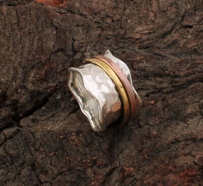 Designer Hammered Three Tone Solid 925 Sterling Silver Spinner Ring For Wedding - Handmade Three Tone Meditation Band Ring For Women -Anxiety Ring Gifts  Idea