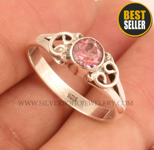 Pink Cubic Zirconia Solid 925 Sterling Silver Ring For Wedding Ring, Handmade Bohemian Silver Round Cut Zircon Bridesmaid Ring For Gift Idea