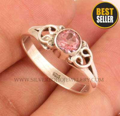 Pink Cubic Zirconia Solid 925 Sterling Silver Ring For Wedding Ring, Handmade Bohemian Silver Round Cut Zircon Bridesmaid Ring For Gift Idea
