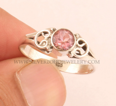 Pink Cubic Zirconia Solid 925 Sterling Silver Ring For Wedding Ring, Handmade Bohemian Silver Round Cut Zircon Bridesmaid Ring For Gift Idea