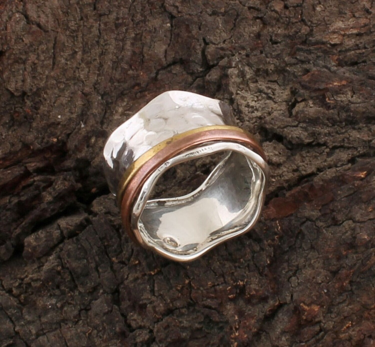 Designer Hammered Three Tone Solid 925 Sterling Silver Spinner Ring For Wedding - Handmade Three Tone Meditation Band Ring For Women -Anxiety Ring Gifts  Idea