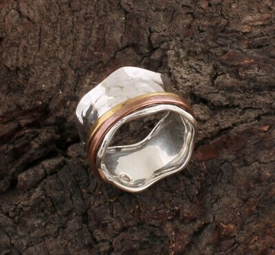 Designer Hammered Three Tone Solid 925 Sterling Silver Spinner Ring For Wedding - Handmade Three Tone Meditation Band Ring For Women -Anxiety Ring Gifts  Idea