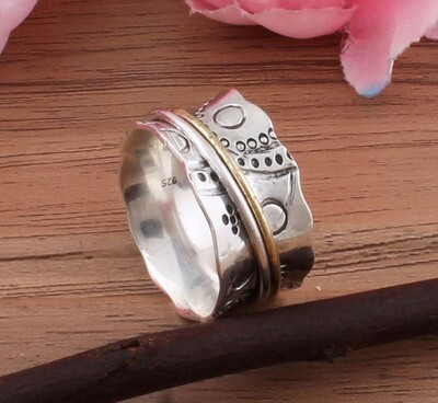 Two Tone 925 Sterling Silver & Brass Ring / Family Silver Spinner Band Ring / Antique Silver Doted Designer Spinner Ring / Thumb Ring / Gifts For Her