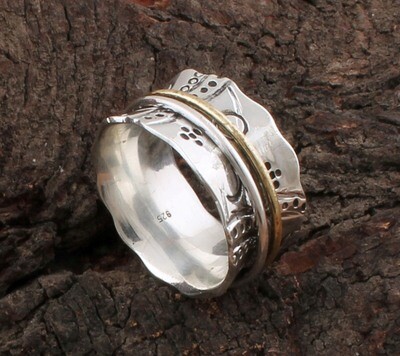 Two Tone 925 Sterling Silver &amp; Brass Ring / Family Silver Spinner Band Ring / Antique Silver Doted Designer Spinner Ring / Thumb Ring / Gifts For Her